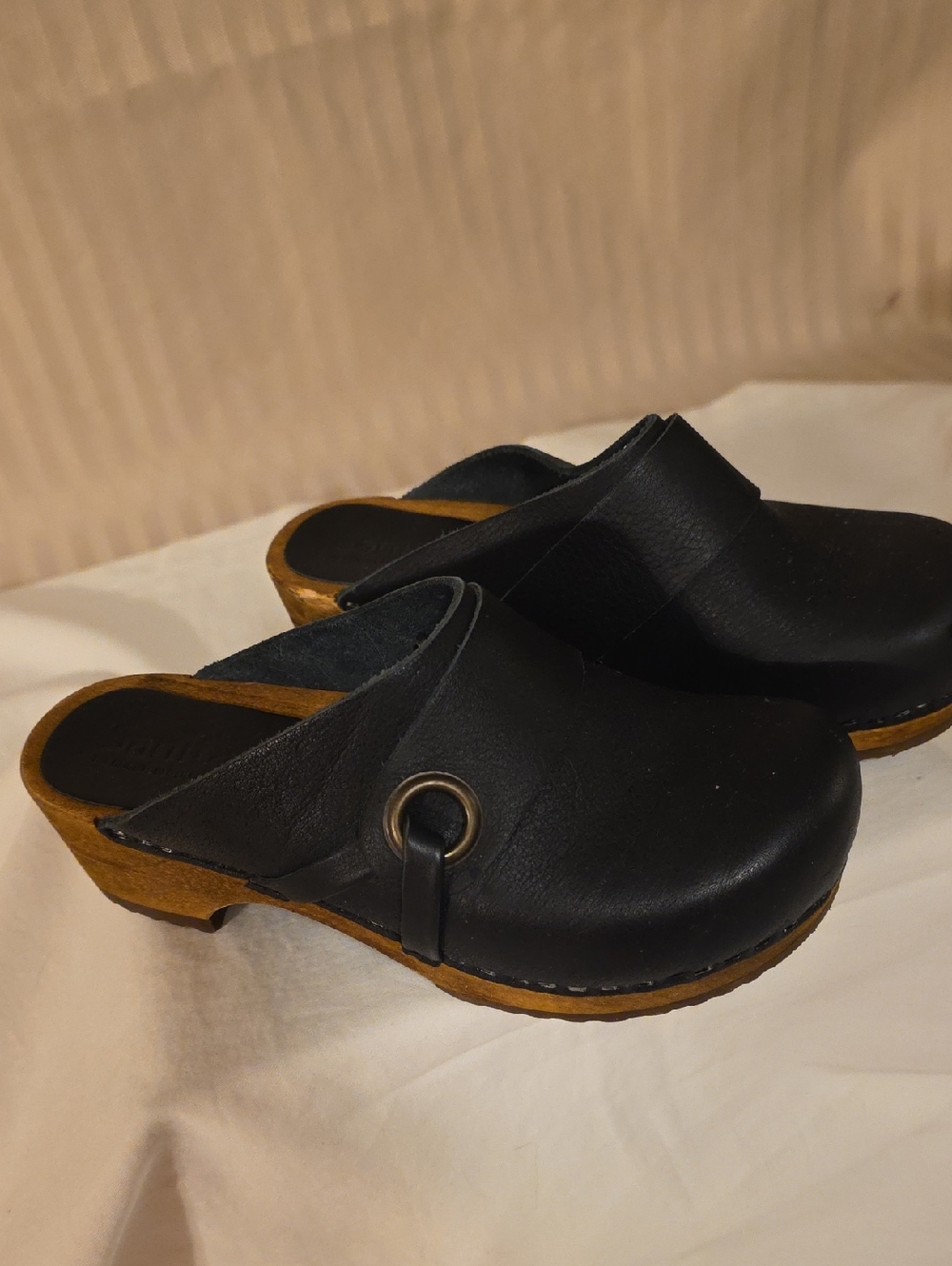 Sanita Black Leather Clog Mules with Wood-Tone Sole